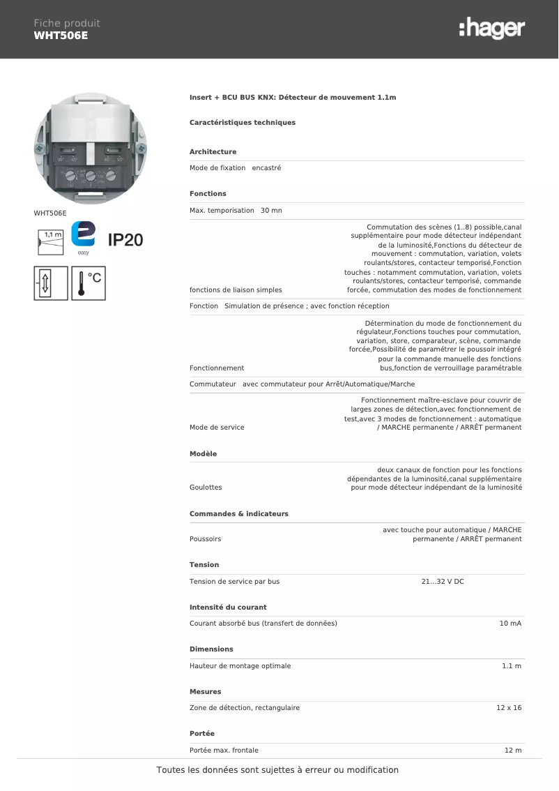 Page 1 de la notice Fiche technique Hager WHT506E