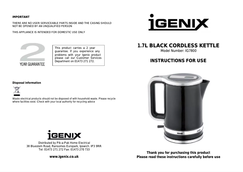 Page 1 de la notice Manuel utilisateur Igenix IG7800