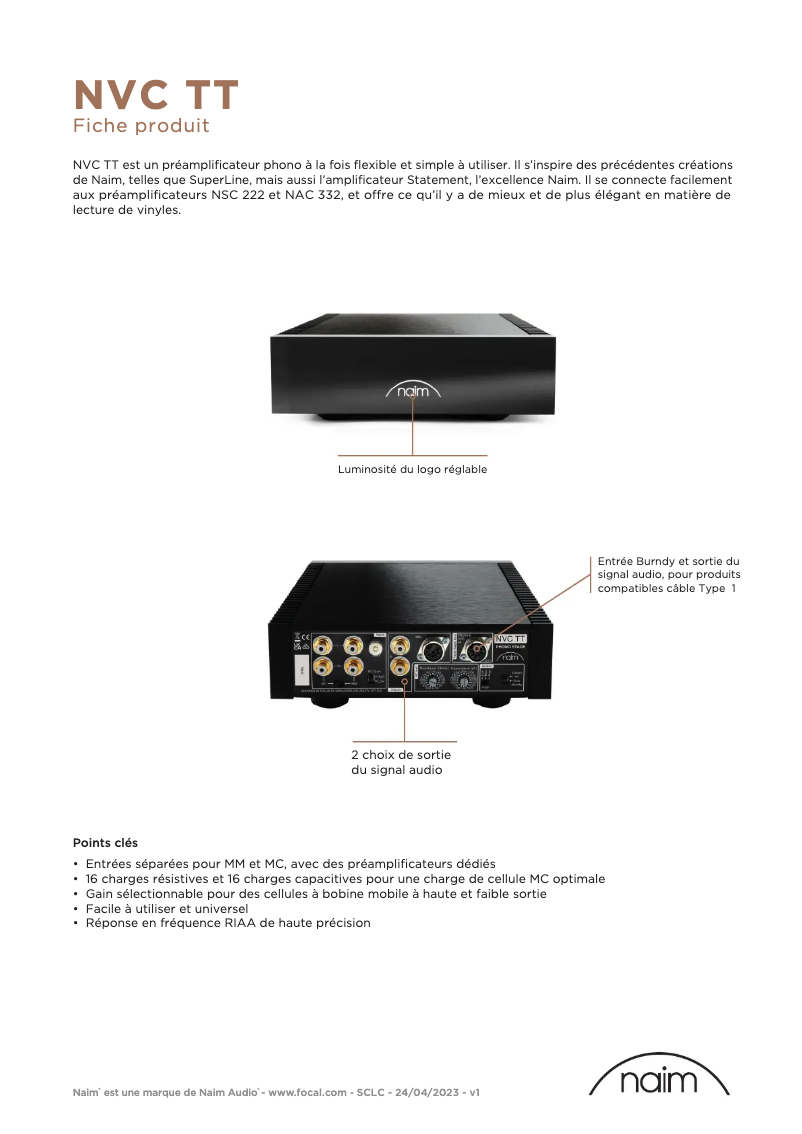 Page n°1 - Fiche technique Naim NVC TT
