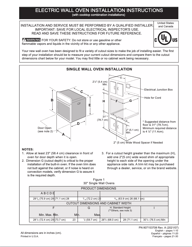 Page 1 de la notice Guide d'installation Frigidaire FCWS3027AD