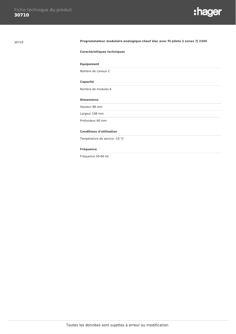 Page 1 de la notice Fiche technique Hager 30710