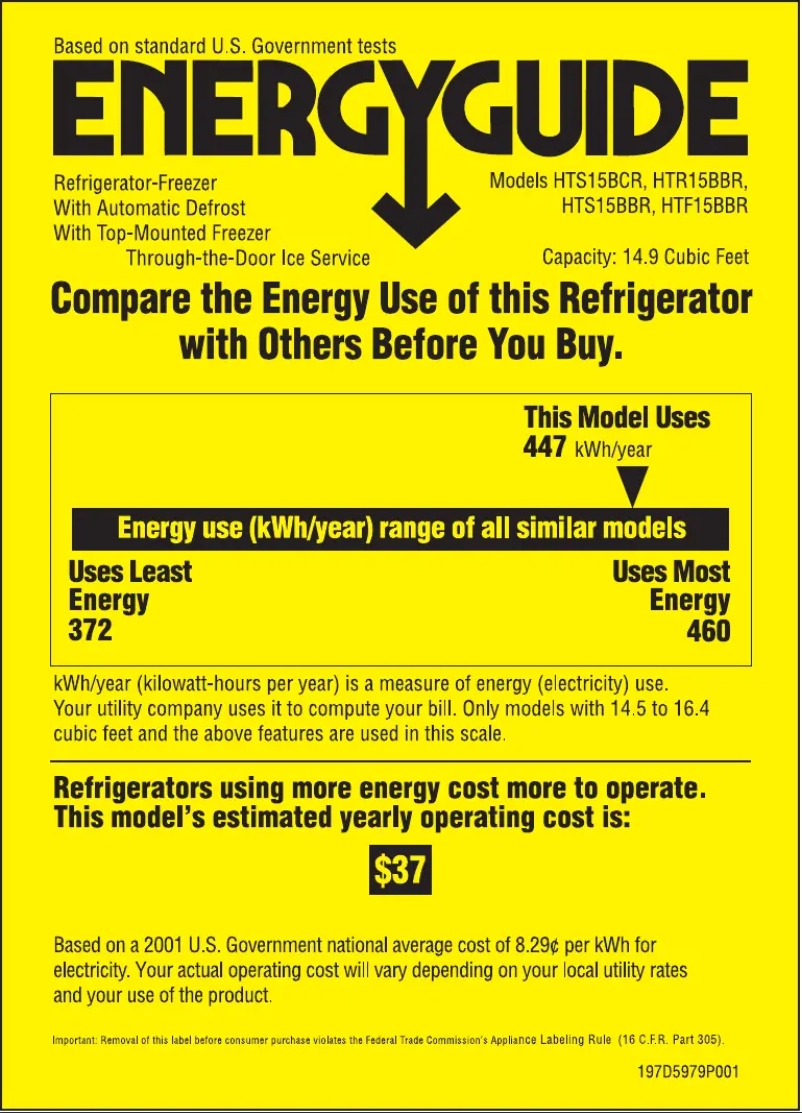 Page 1 de la notice Label énergétique Hotpoint HTS15BBRRWW