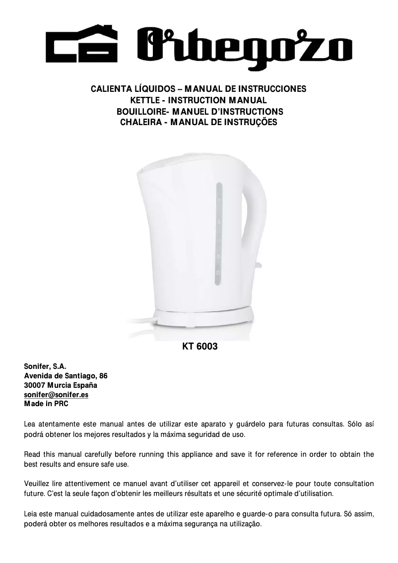 Page 1 de la notice Manuel utilisateur Orbegozo KT 6003