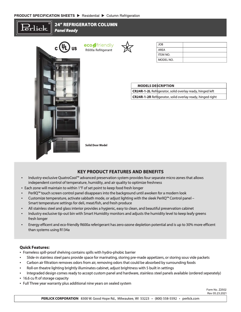 Page n°1 - Fiche technique Perlick CR24R-1-2L