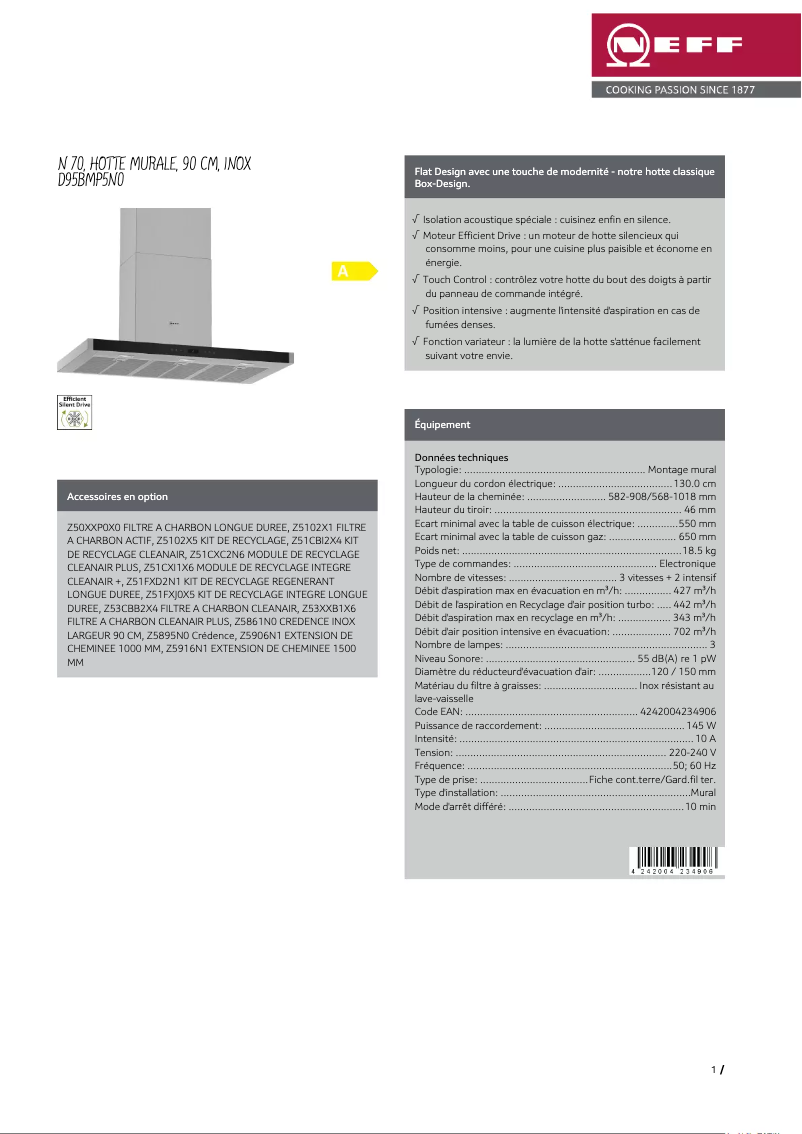 Page 1 de la notice Fiche technique Neff D95BMP5N0