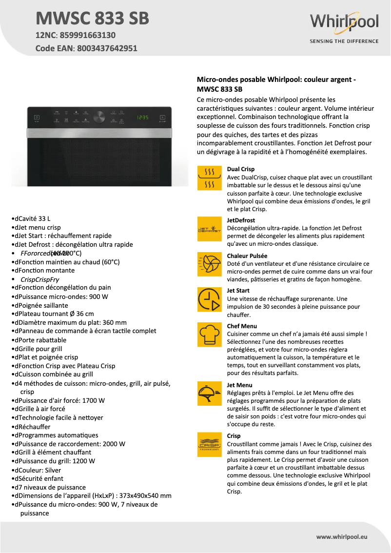 Page 1 de la notice Fiche technique Whirlpool MWSC 833 SB