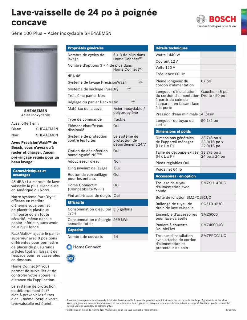 Page 1 of the manual Technical Sheet Bosch SHE4AEM5N