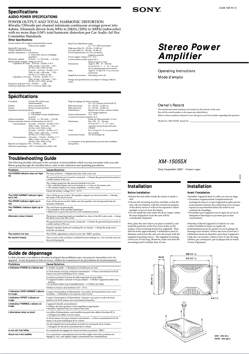 Page n°1 - Manuel utilisateur Sony XM-1505SX