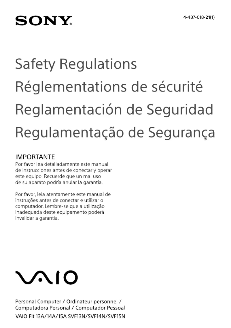 Image de la première page du manuel de l'appareil Vaio Fit 13 SVF13N17PXB