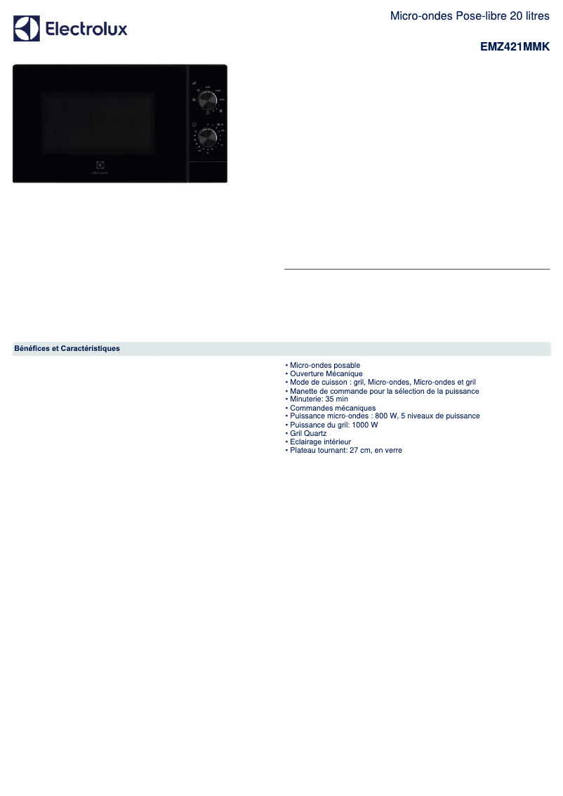 Page 1 de la notice Fiche technique Electrolux EMZ421MMK