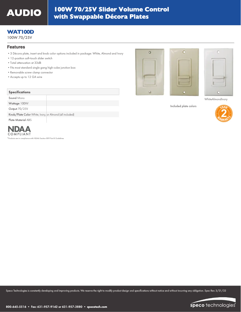 Página 1 del manual Ficha técnica Speco Technologies WAT100D