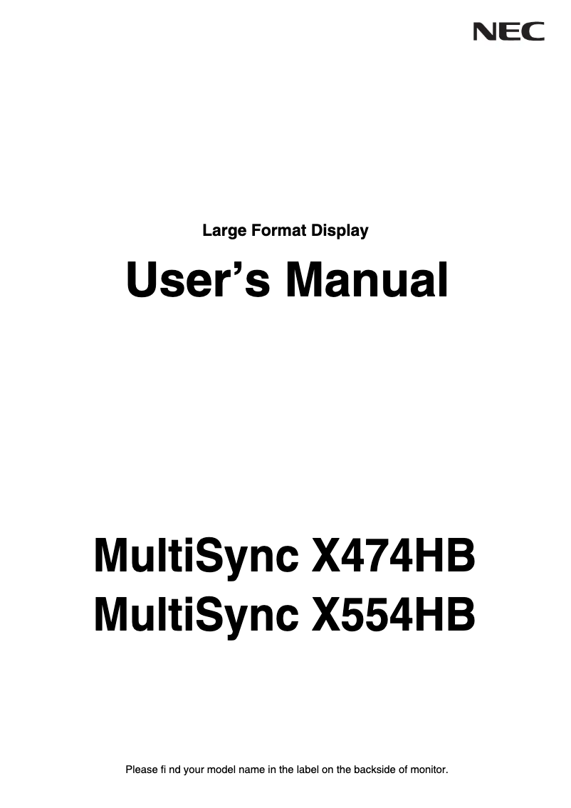Imagen de la primera página del manual del dispositivo MultiSync X474HB