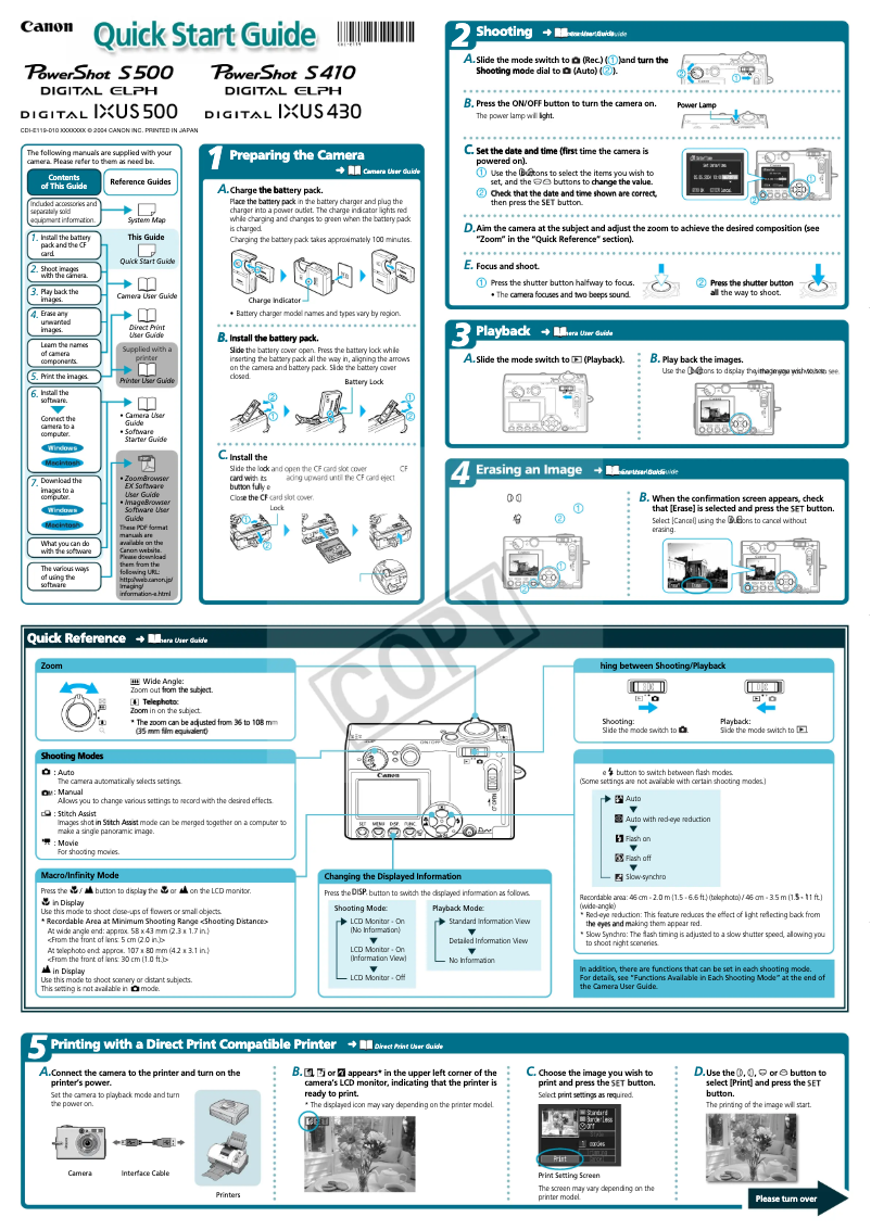 Page 1 de la notice Guide de démarrage rapide Canon Ixus 500