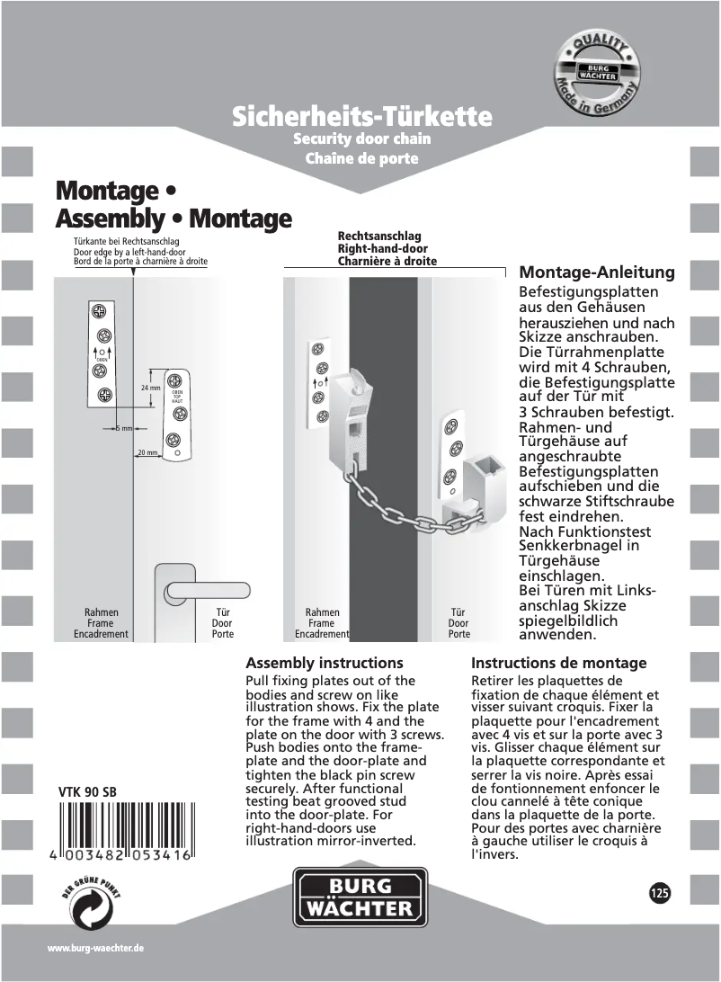Page 1 de la notice Manuel utilisateur Burg Wächter VTK 90