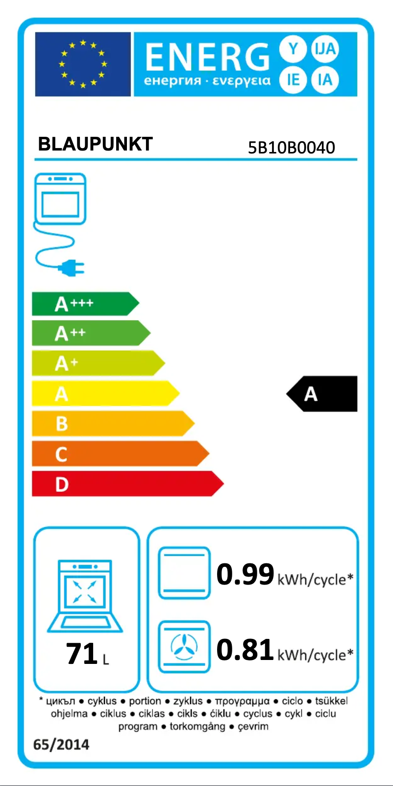 Page 1 de la notice Label énergétique Blaupunkt 5B10B0040
