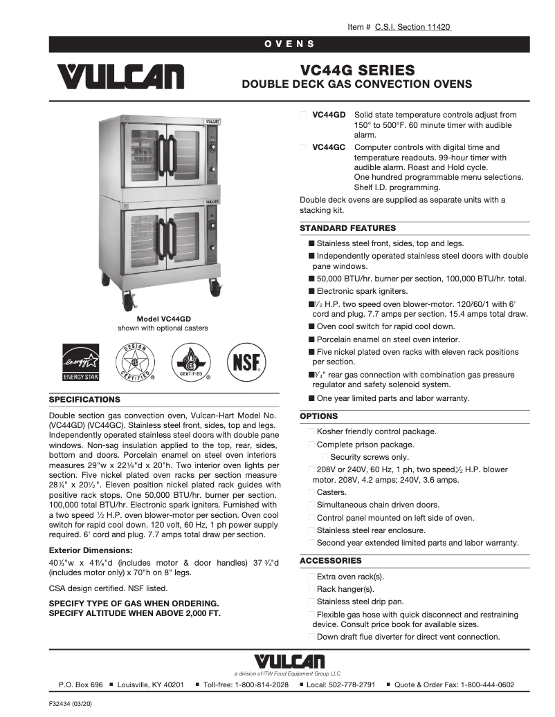 Page 1 de la notice Fiche technique Vulcan VC44GC