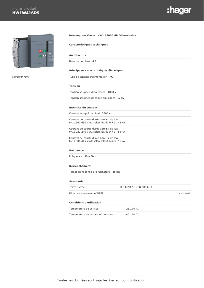 Page 1 de la notice Fiche technique Hager HW1W416DS