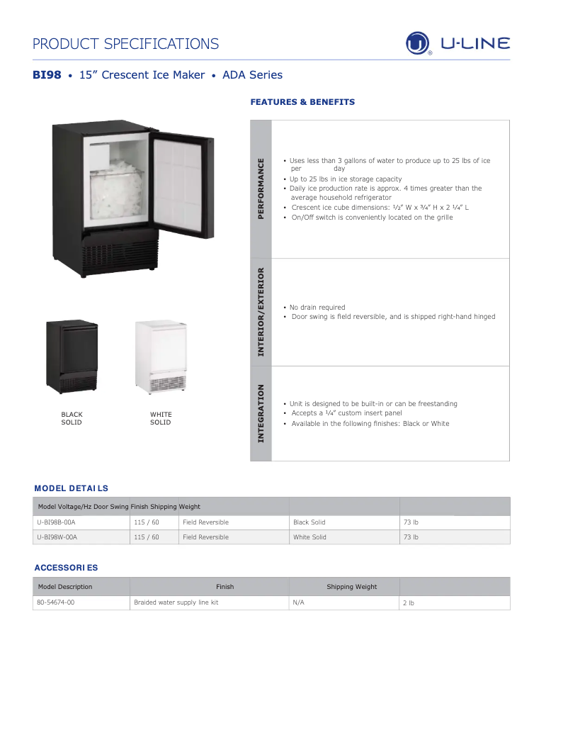 Page 1 de la notice Fiche technique U-Line U-BI98