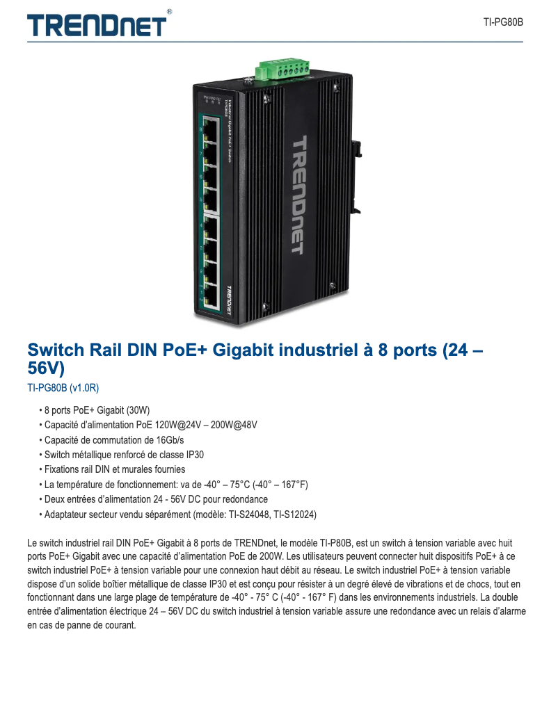 Page n°1 - Fiche technique TRENDnet TI-PG80B