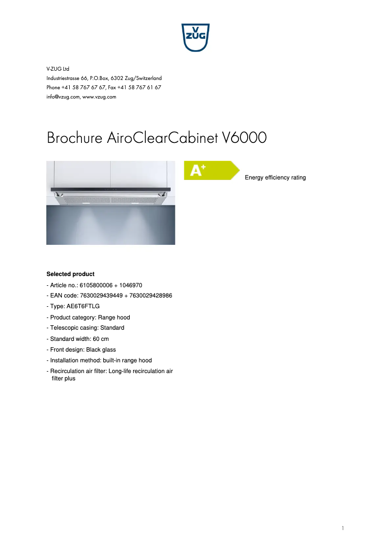 Page 1 of the manual Brochure V-Zug AiroClearCabinet V6000