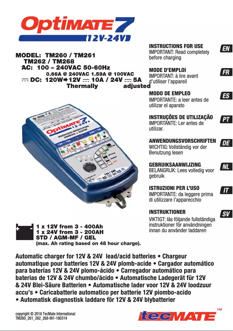 Image de la première page du manuel de l'appareil Optimate 7