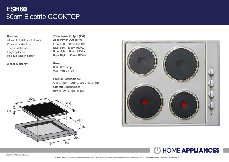 Page 1 de la notice Fiche technique ARC ESH60