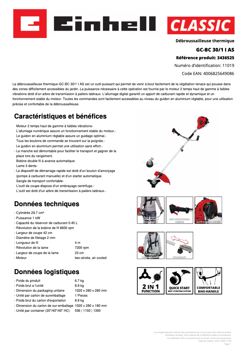 Page n°1 - Fiche technique Einhell GC-BC 30/1 I AS