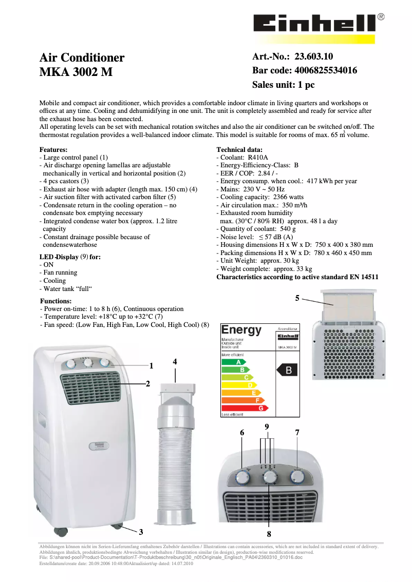Page 1 de la notice Fiche technique Einhell MKA 3002 M