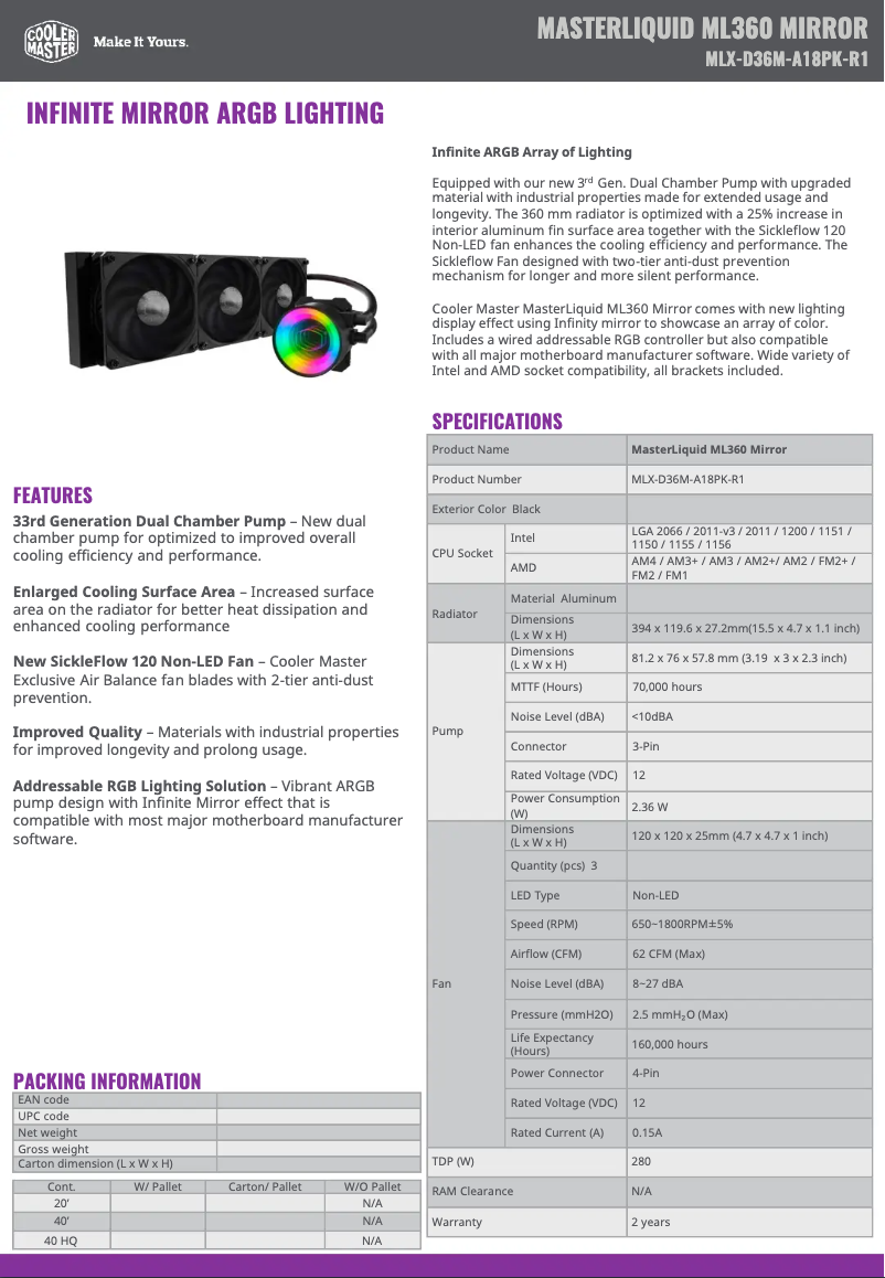 Page 1 de la notice Manuel utilisateur Cooler Master Masterliquid ML360 Mirror
