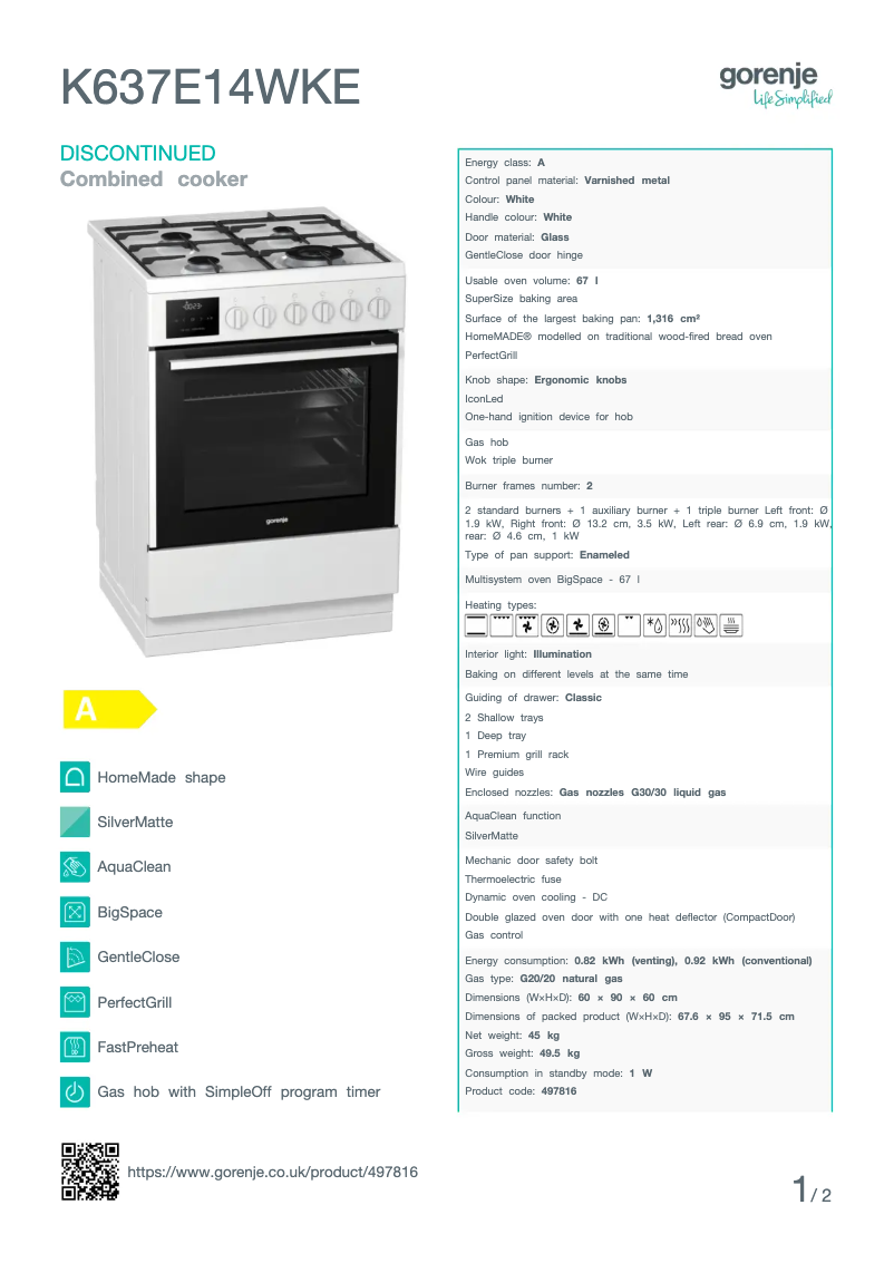 Page 1 de la notice Fiche technique Gorenje K637E14WKE