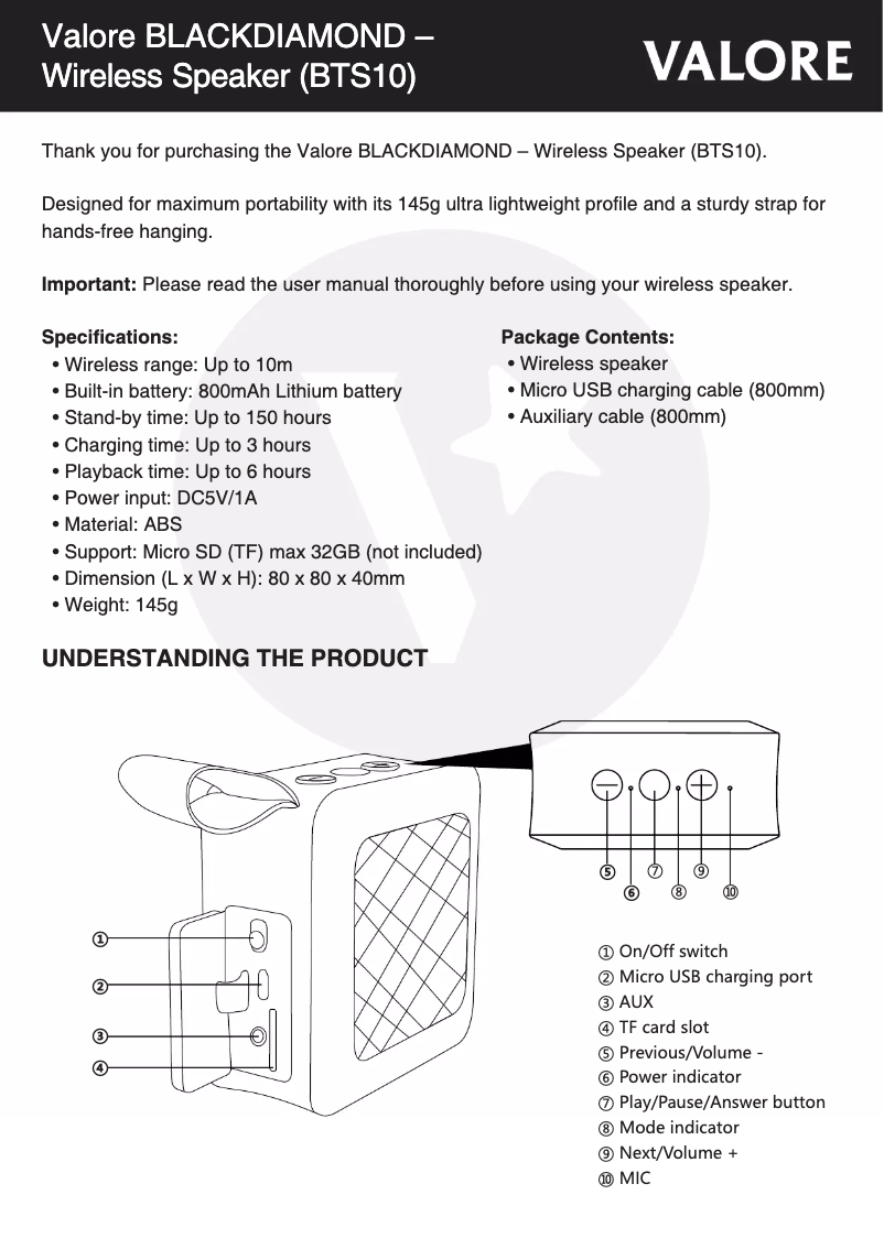 Page 1 de la notice Manuel utilisateur Valore BTS10