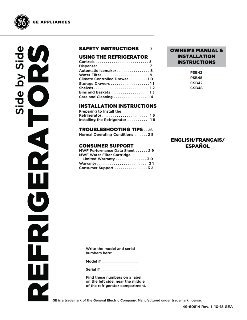 Page n°1 - Manuel d'utilisation et d'entretien GE Café CSB48WSKSS