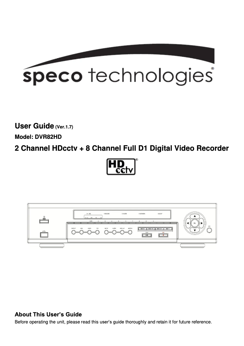 Page 1 de la notice Manuel utilisateur Speco Technologies DVR82HD