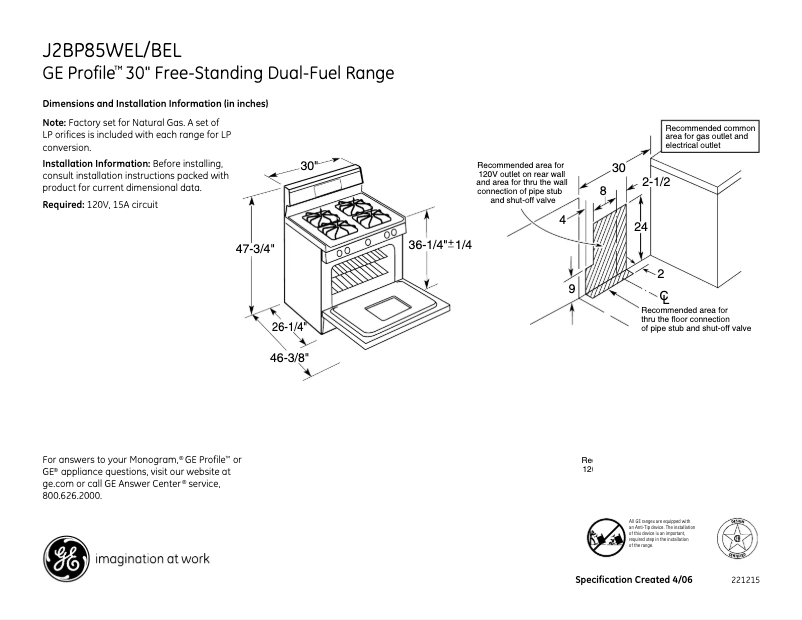 Page n°1 - Fiche technique GE J2BP85BELBB