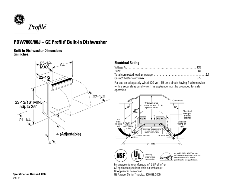 Page 1 de la notice Fiche technique GE Profile PDW7800JCC