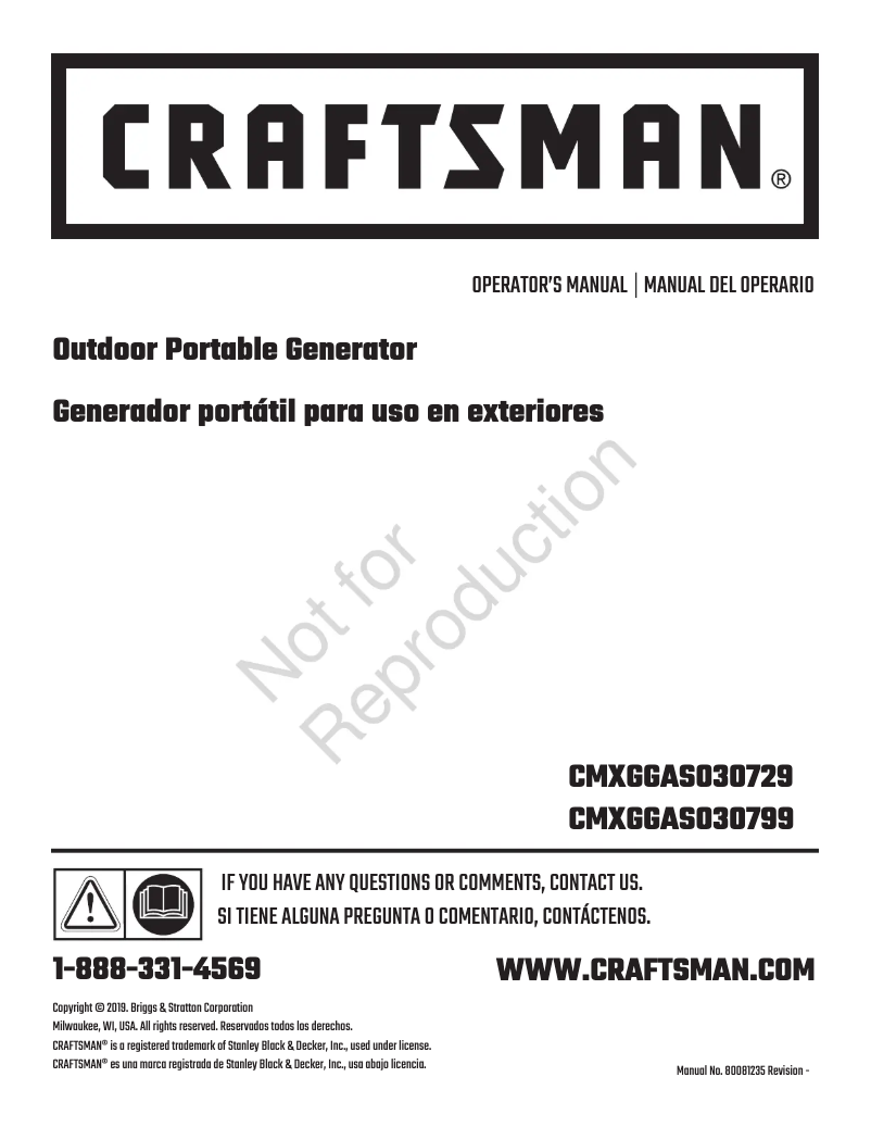 Page 1 de la notice Manuel utilisateur Craftsman CMXGGAS030799