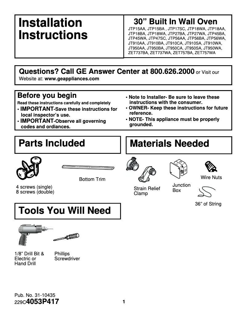 Page 1 de la notice Guide d'installation GE Profile JTP18WDWW
