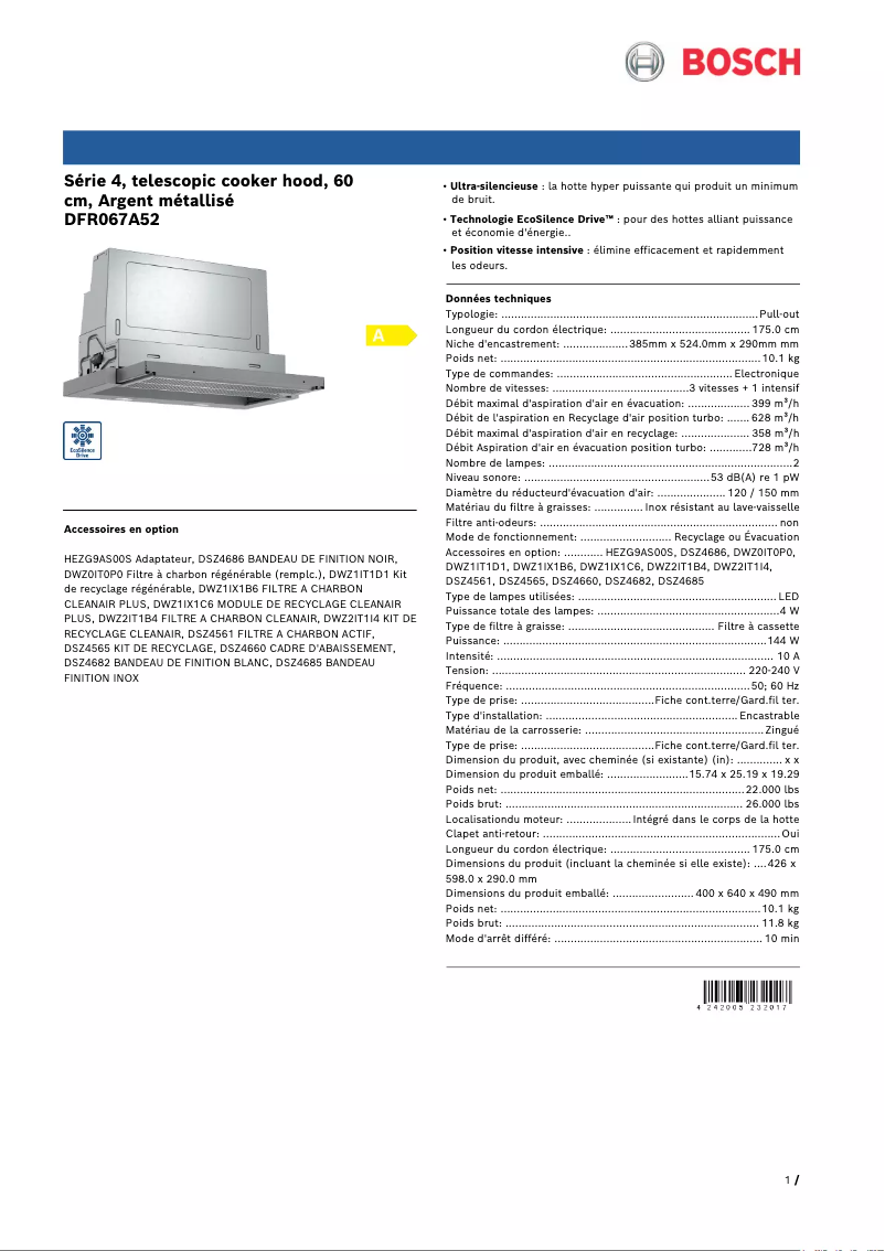 Page 1 de la notice Fiche technique Bosch DFR067A52