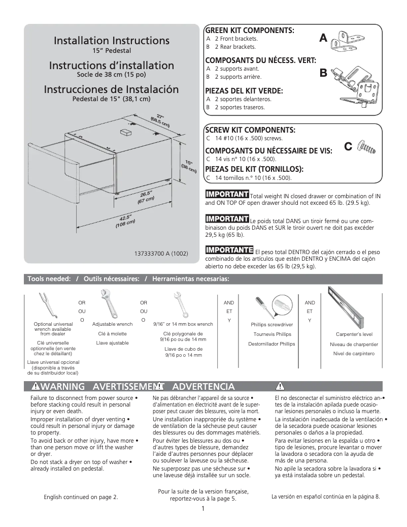 Page 1 de la notice Guide d'installation Frigidaire CFPWD15B