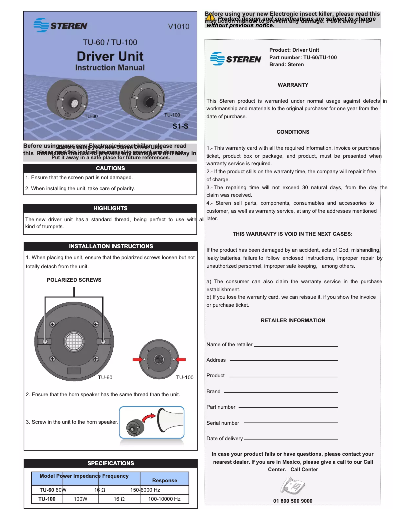 Page n°1 - Manuel utilisateur Steren TU-100