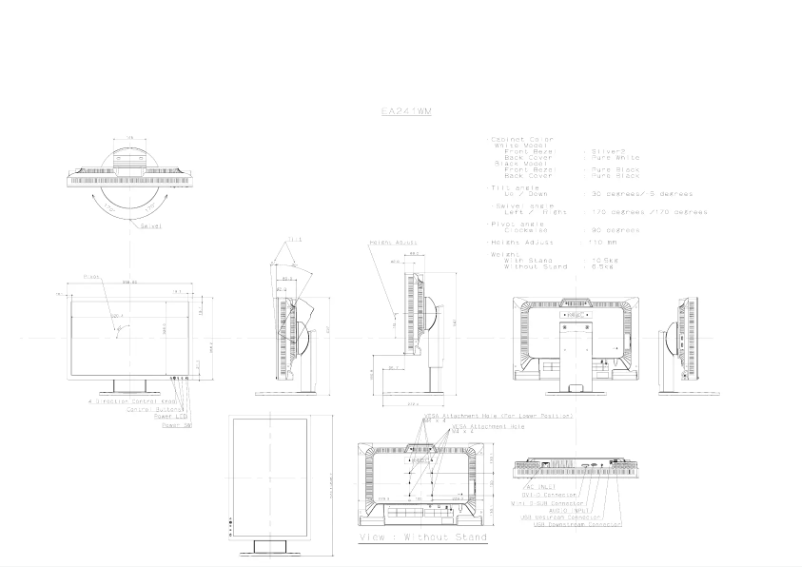 Page 1 de la notice Dessin technique NEC MultiSync EA241WM