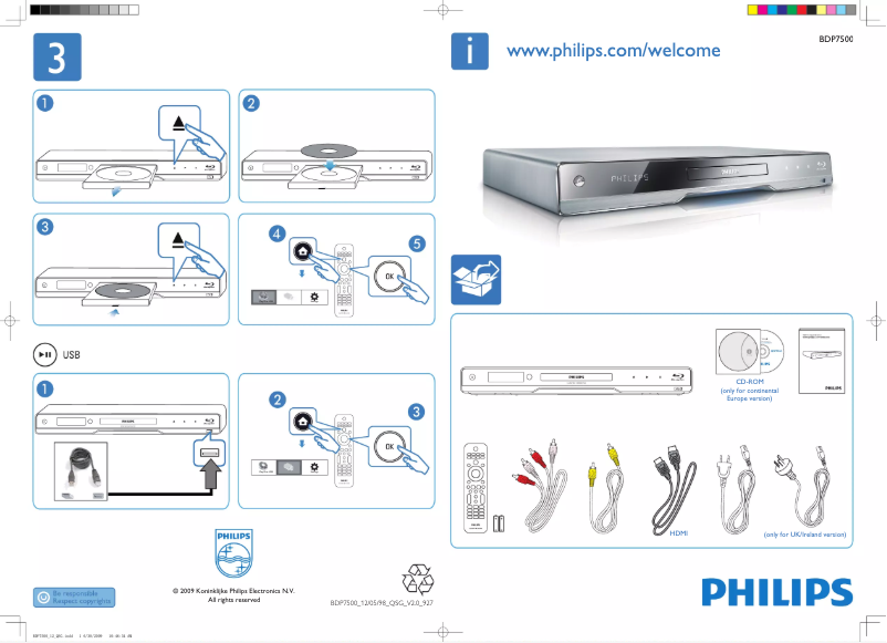 Page 1 de la notice Guide de démarrage rapide Philips BDP7500BL