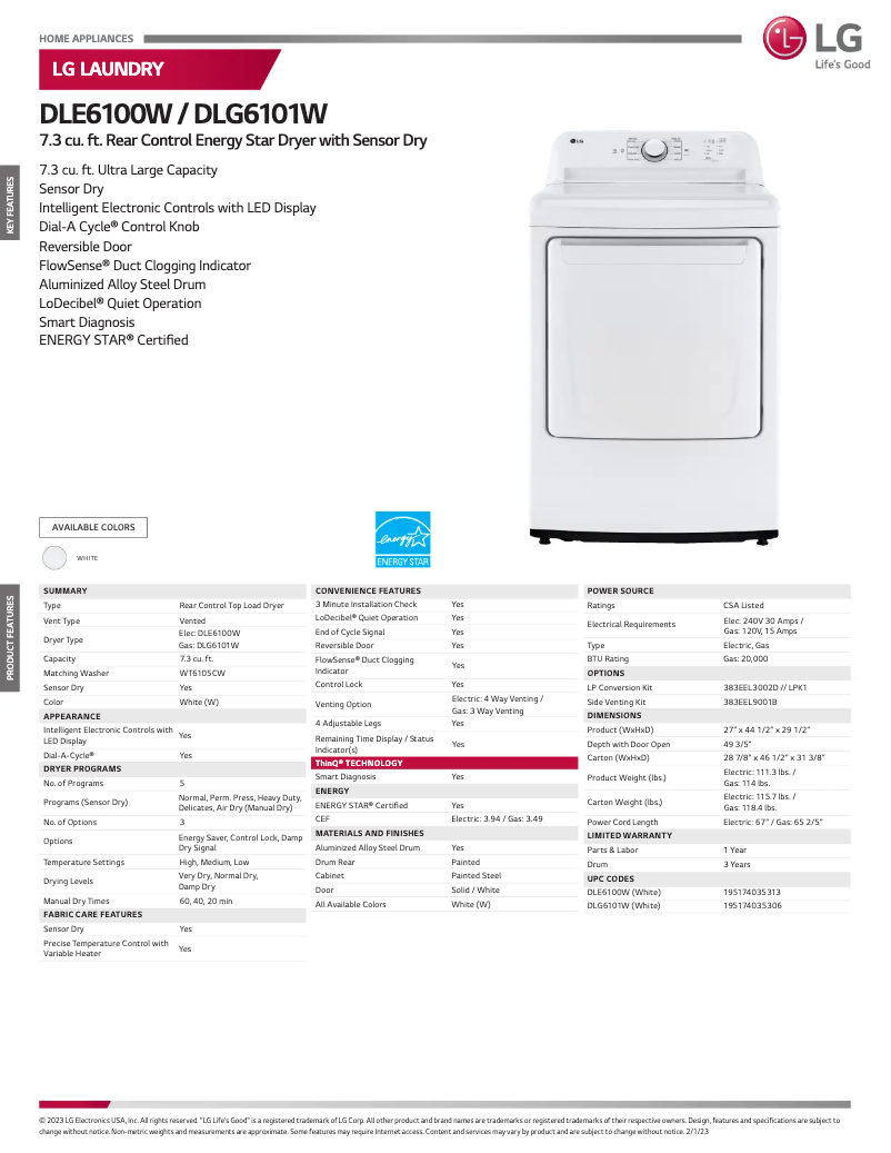 Page 1 de la notice Fiche technique LG DLE6100W