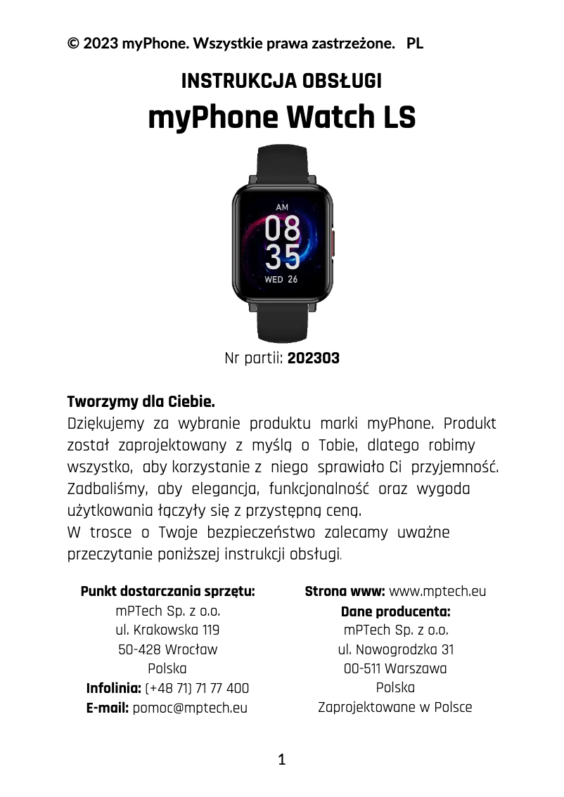 Page 1 de la notice Manuel utilisateur myPhone Watch LS