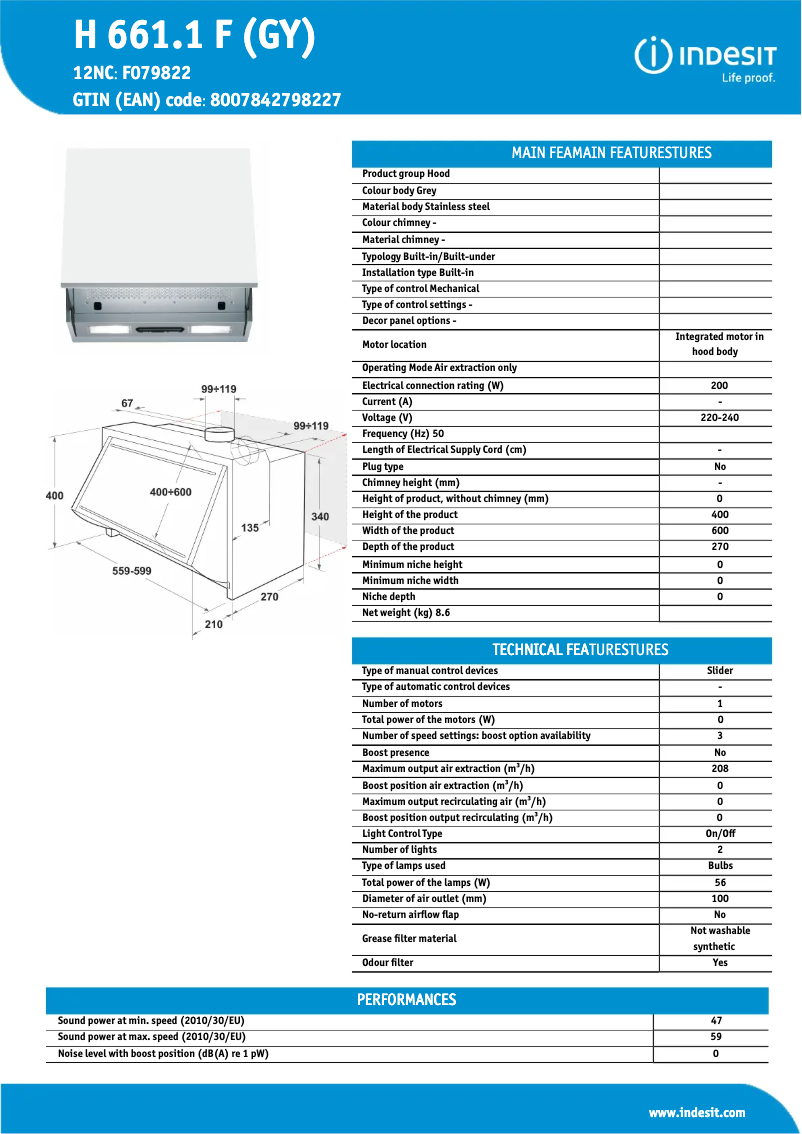 Page 1 de la notice Fiche technique Indesit H 661.1 F GY