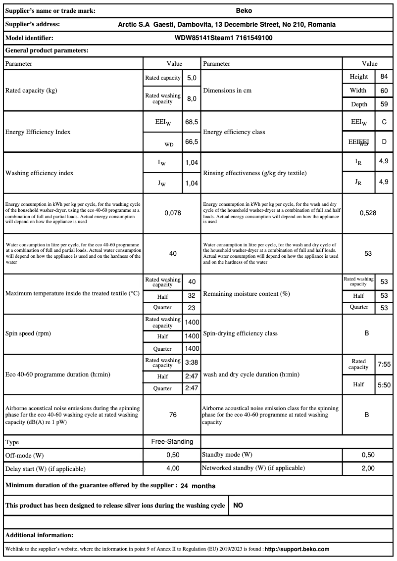 Page 1 de la notice Fiche technique Beko WDW85141Steam1