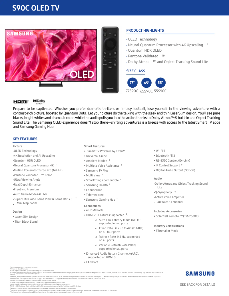 Page 1 de la notice Fiche technique Samsung QN65S90CAF