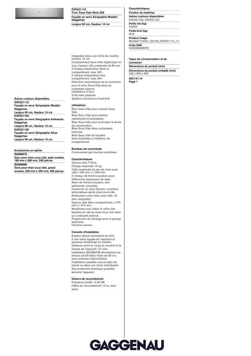 Page n°1 - Fiche technique Gaggenau DVP221110