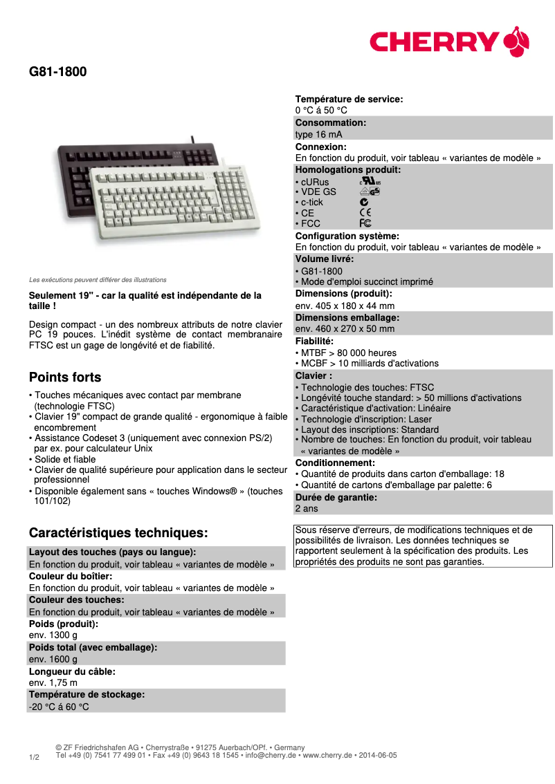 Page 1 de la notice Fiche technique Cherry G81-1800