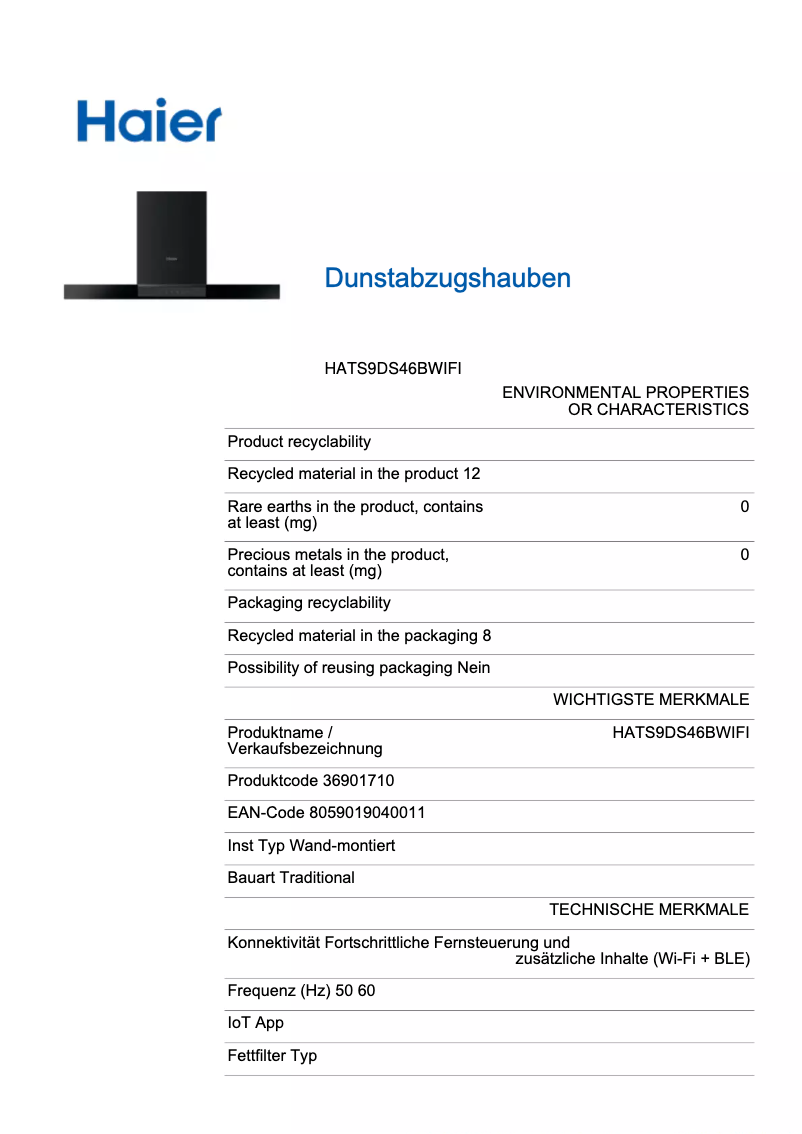 Page 1 de la notice Fiche technique Haier HATS9DS46BWIFI
